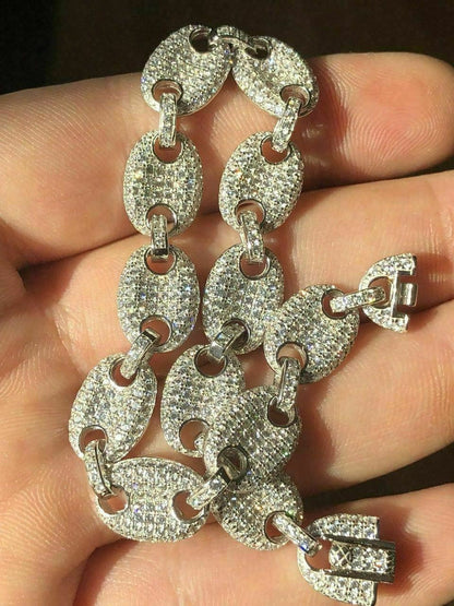 HarlemBling Mens 10mm Puffed Gucci Link Bracelet Real Solid 925 Sterling Silver Diamond ICY