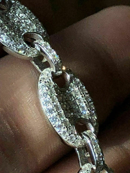 HarlemBling Mens 10mm Puffed Gucci Link Bracelet Real Solid 925 Sterling Silver Diamond ICY