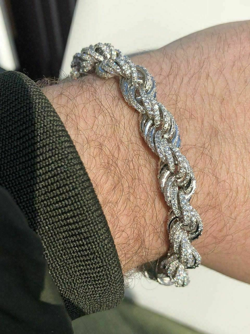 HarlemBling Mens 10mm Rope Bracelet Real Solid 925 Sterling Silver 20ct Diamonds Super ICY