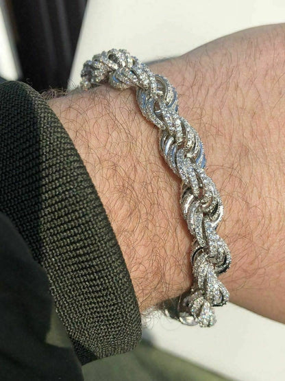 HarlemBling Mens 10mm Rope Bracelet Real Solid 925 Sterling Silver 20ct Diamonds Super ICY