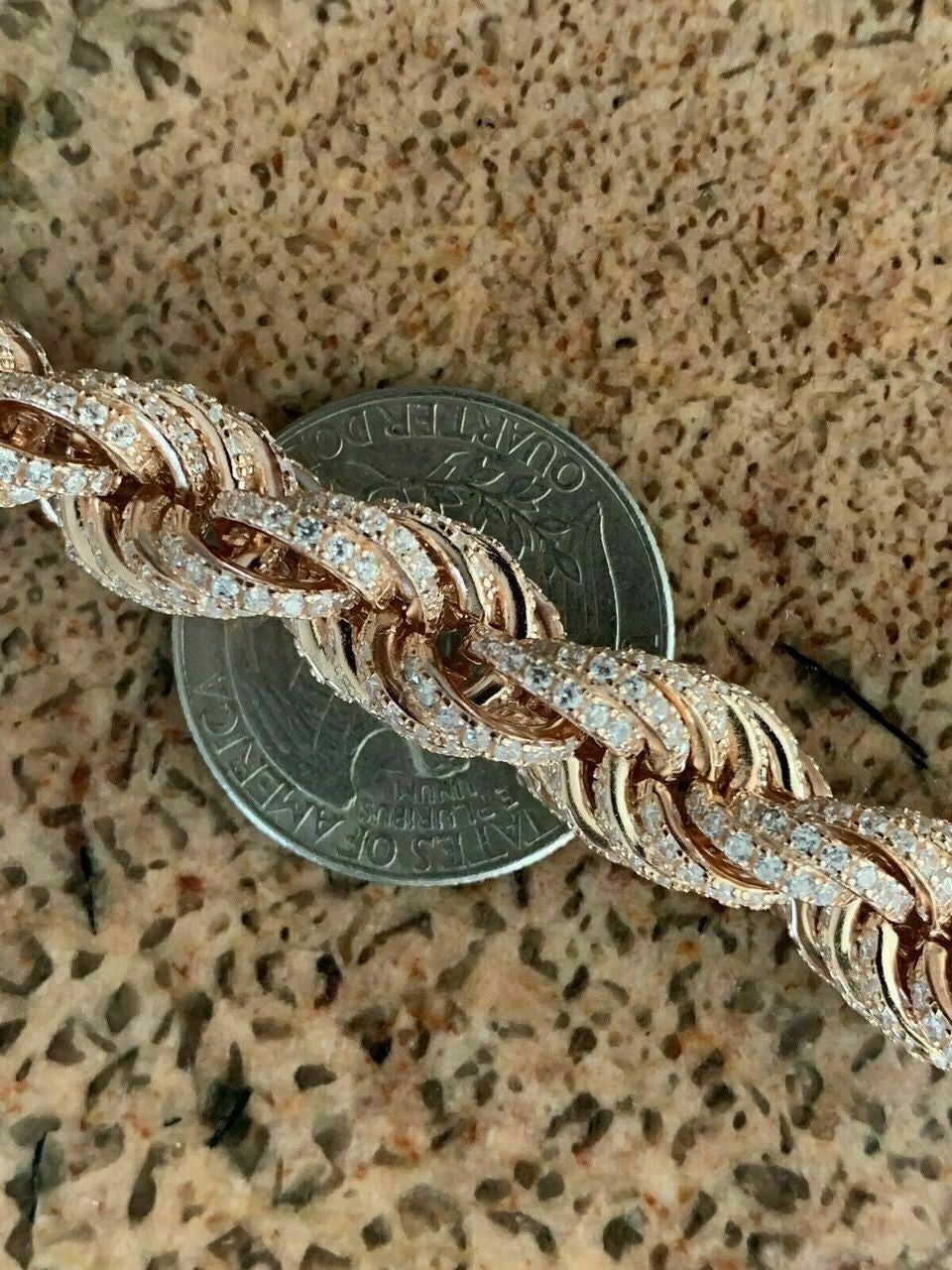 HarlemBling Mens 10mm Rope Bracelet Rose Gold and Real Solid 925 Sterling Silver 20ct Diamond