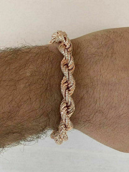 HarlemBling Mens 10mm Rope Bracelet Rose Gold and Real Solid 925 Sterling Silver 20ct Diamond