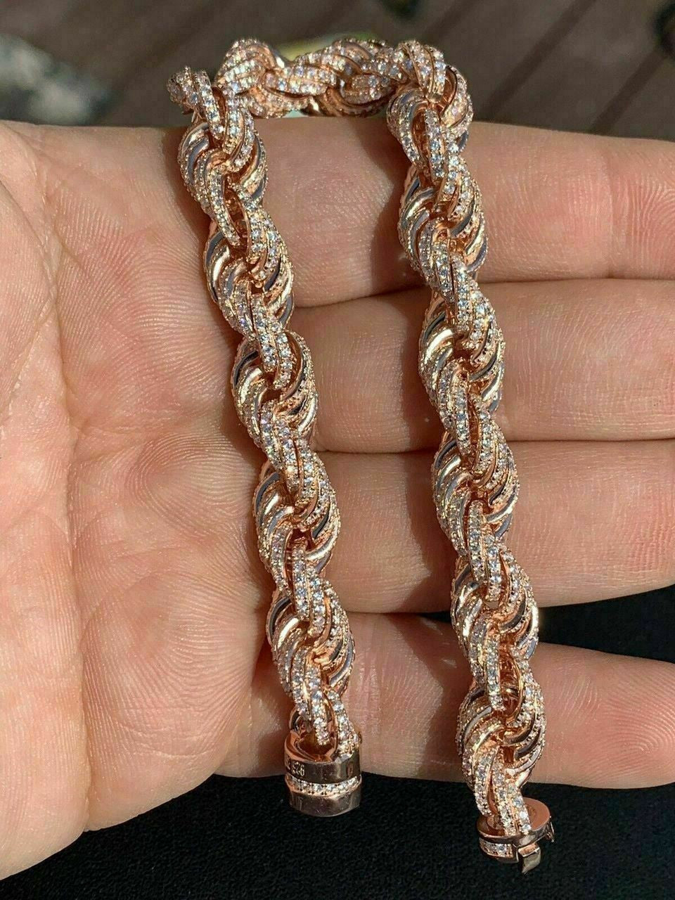 HarlemBling Mens 10mm Rope Bracelet Rose Gold and Real Solid 925 Sterling Silver 20ct Diamond