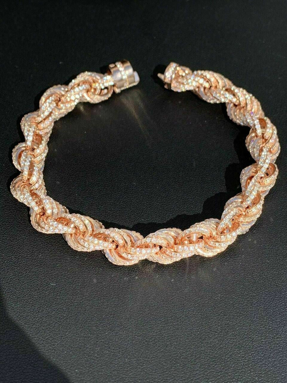 HarlemBling Mens 10mm Rope Bracelet Rose Gold and Real Solid 925 Sterling Silver 20ct Diamond