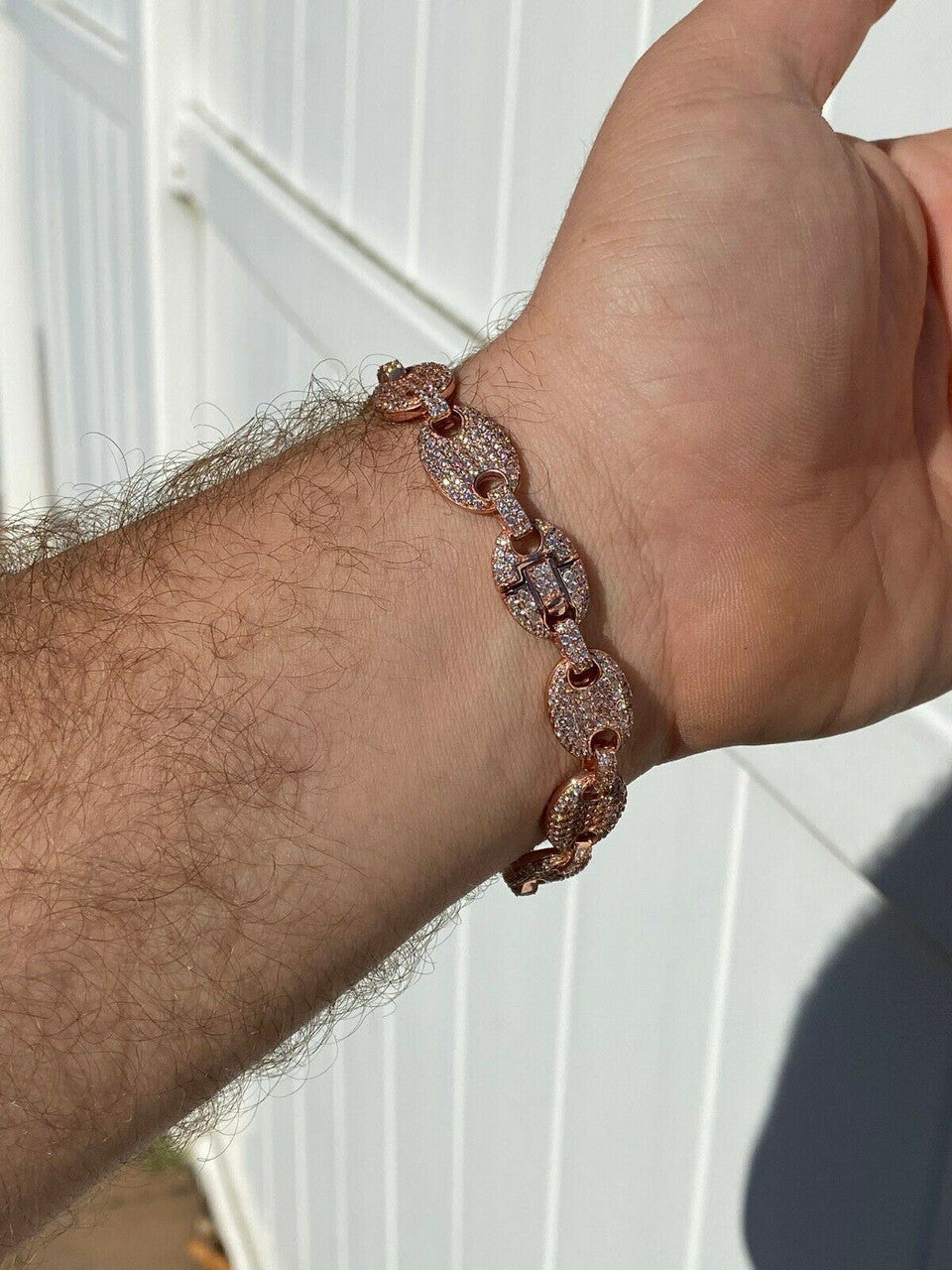 HarlemBling Mens 12mm Gucci Link Bracelet Solid 925 Sterling Silver 14k Rose Gold Finish ICY