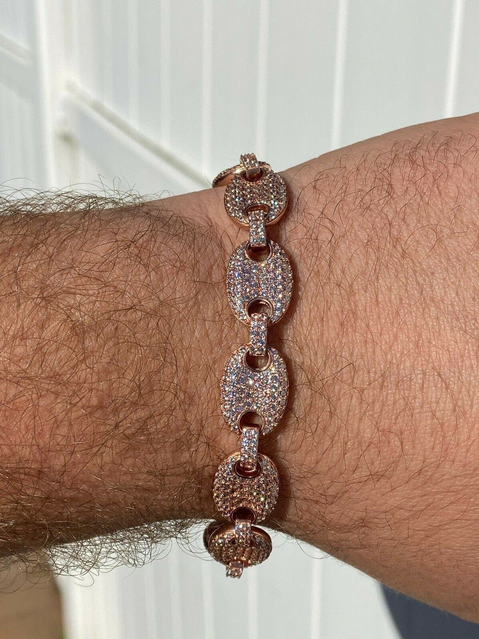 HarlemBling Mens 12mm Gucci Link Bracelet Solid 925 Sterling Silver 14k Rose Gold Finish ICY