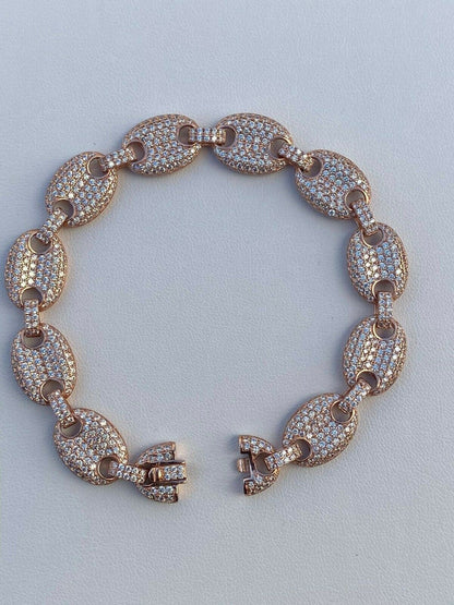 HarlemBling Mens 12mm Gucci Link Bracelet Solid 925 Sterling Silver 14k Rose Gold Finish ICY