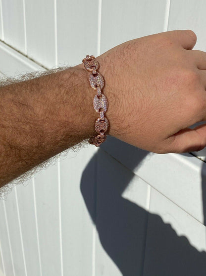 HarlemBling Mens 12mm Gucci Link Bracelet Solid 925 Sterling Silver 14k Rose Gold Finish ICY