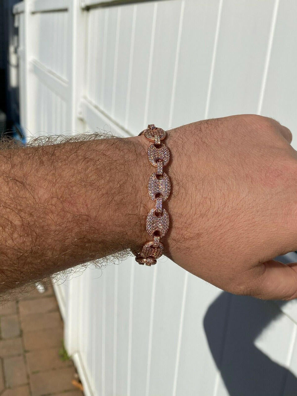 HarlemBling Mens 12mm Gucci Link Bracelet Solid 925 Sterling Silver 14k Rose Gold Finish ICY