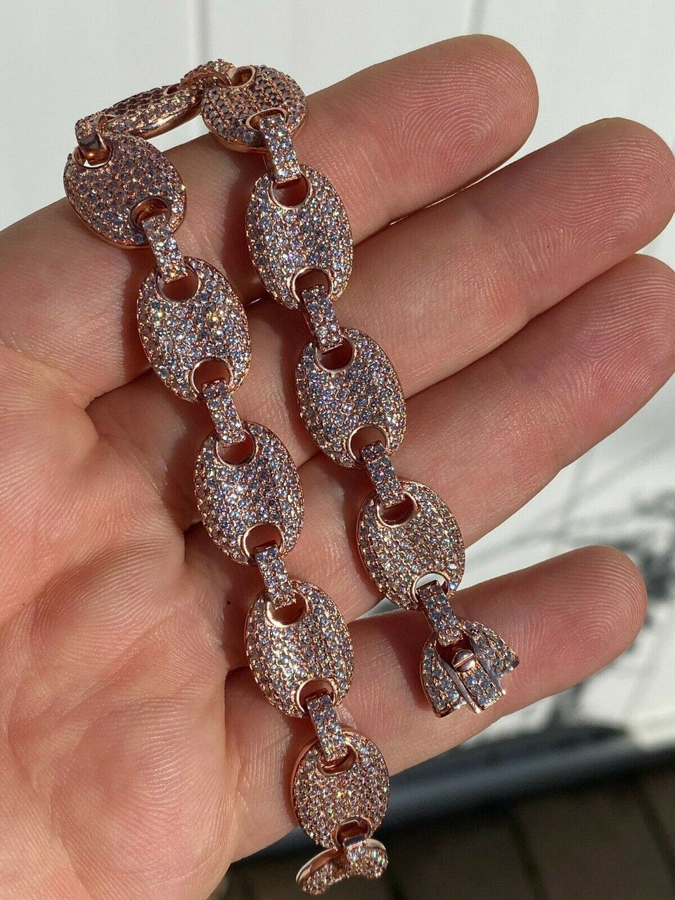 HarlemBling Mens 12mm Gucci Link Bracelet Solid 925 Sterling Silver 14k Rose Gold Finish ICY