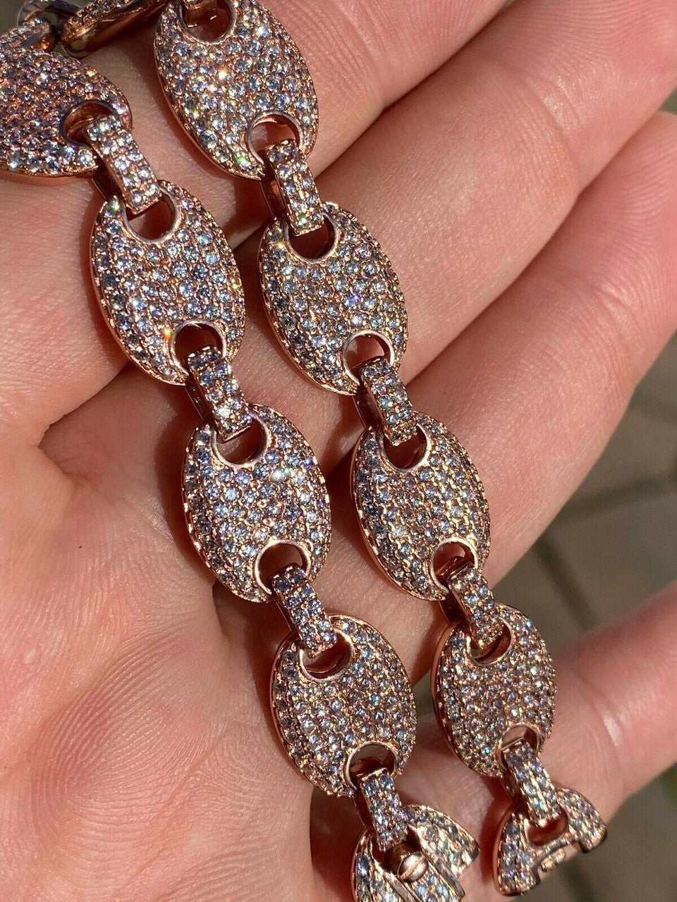 HarlemBling Mens 12mm Gucci Link Bracelet Solid 925 Sterling Silver 14k Rose Gold Finish ICY