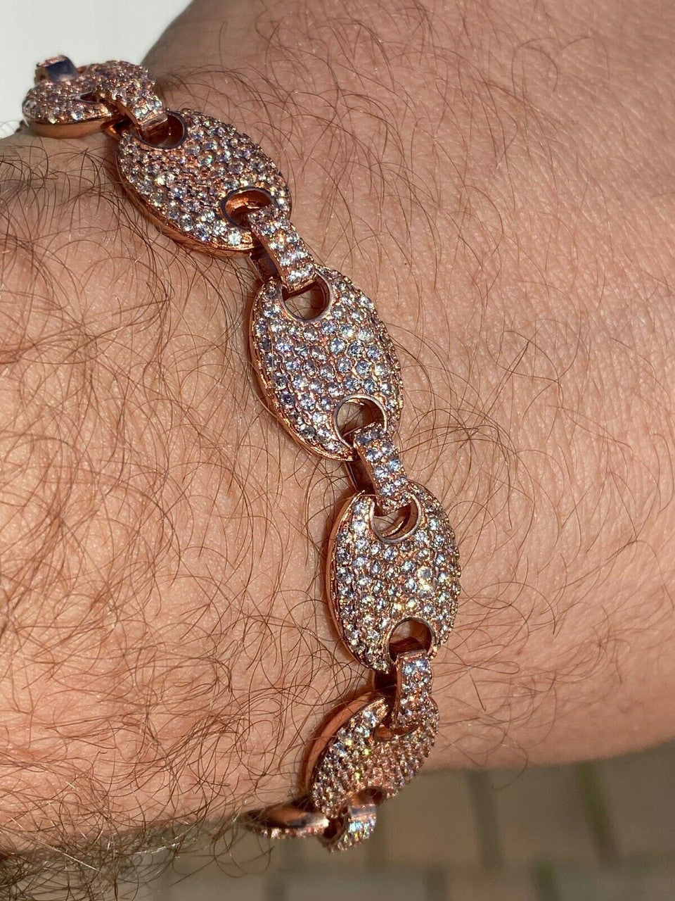 HarlemBling Mens 12mm Gucci Link Bracelet Solid 925 Sterling Silver 14k Rose Gold Finish ICY