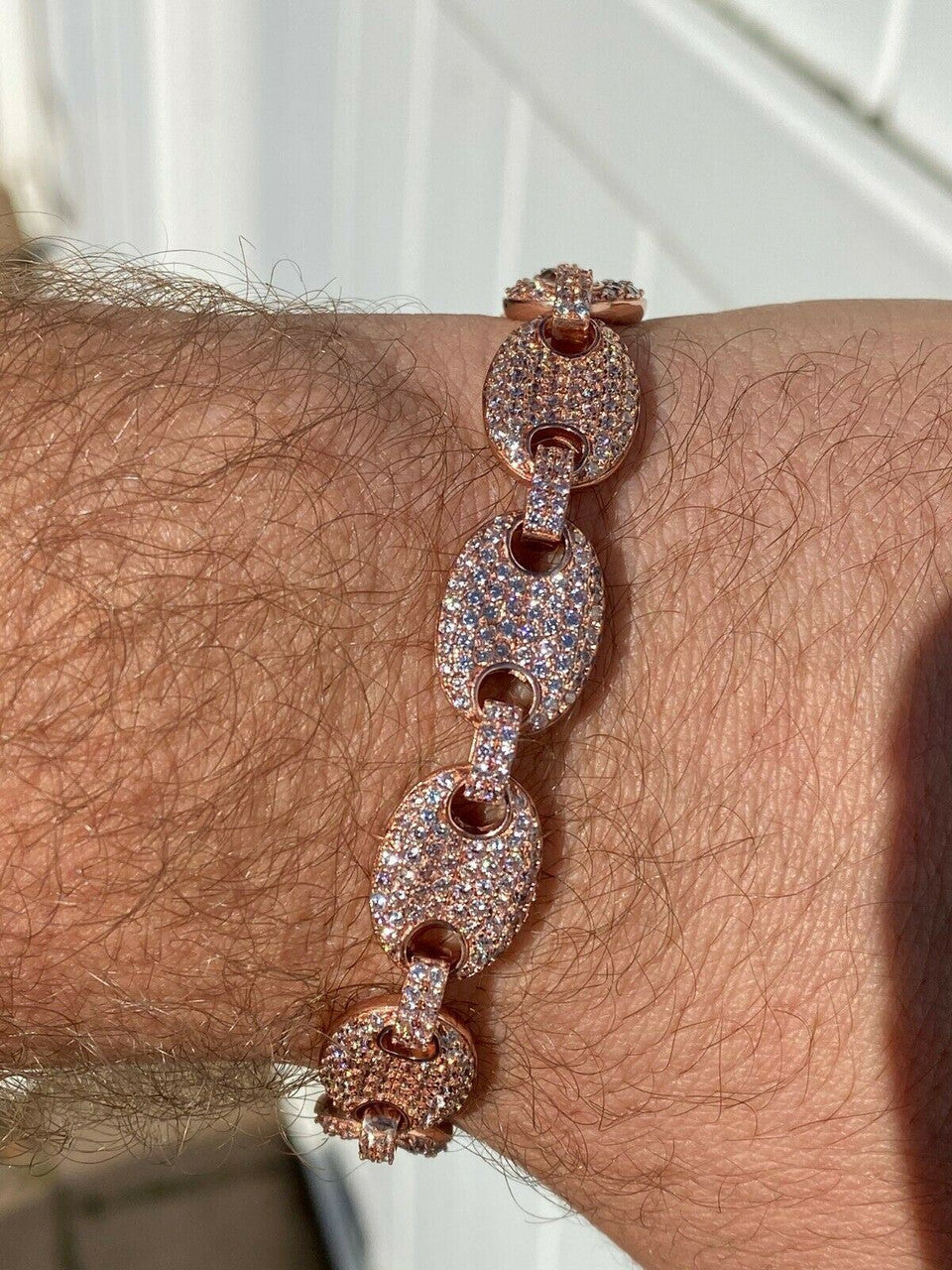 HarlemBling Mens 12mm Gucci Link Bracelet Solid 925 Sterling Silver 14k Rose Gold Finish ICY