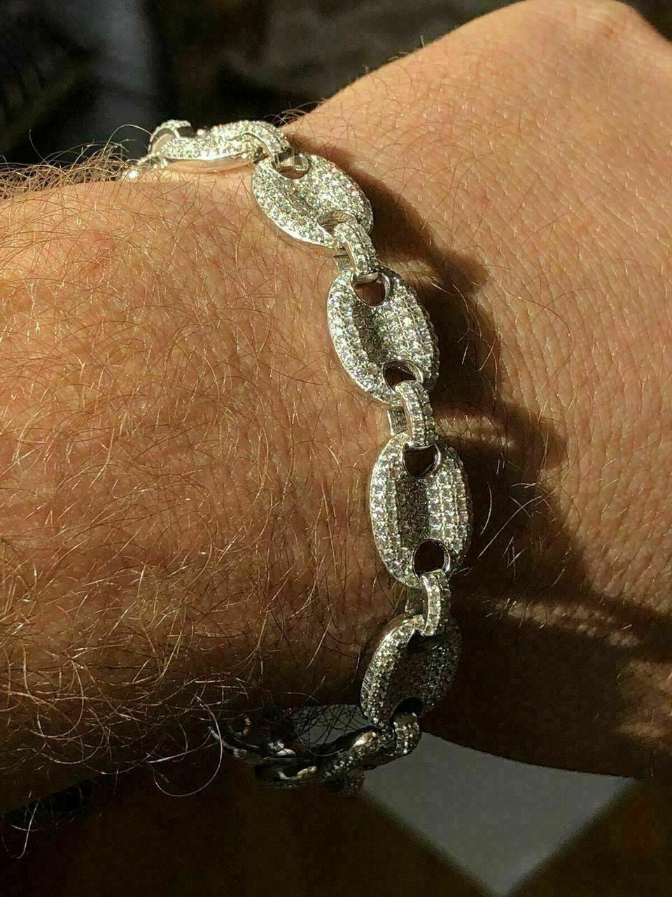 HarlemBling Mens 12mm Gucci Link Bracelet Solid 925 Sterling Silver ICY Man Made Diamond 6-9