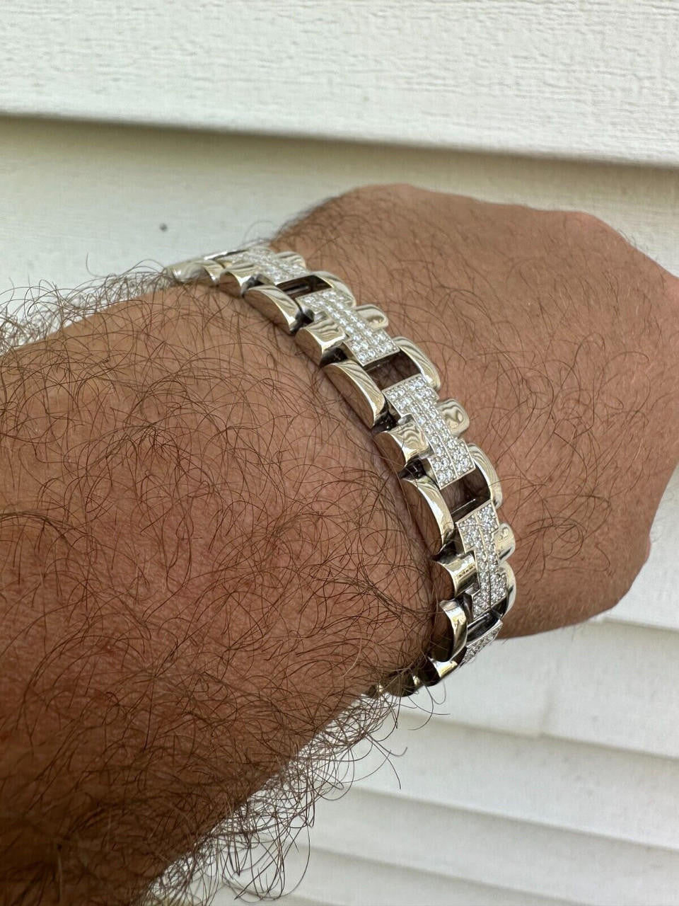 HarlemBling Mens 12mm Iced Hermes Link Bracelet Real 925 Sterling Silver Flooded Out HipHop