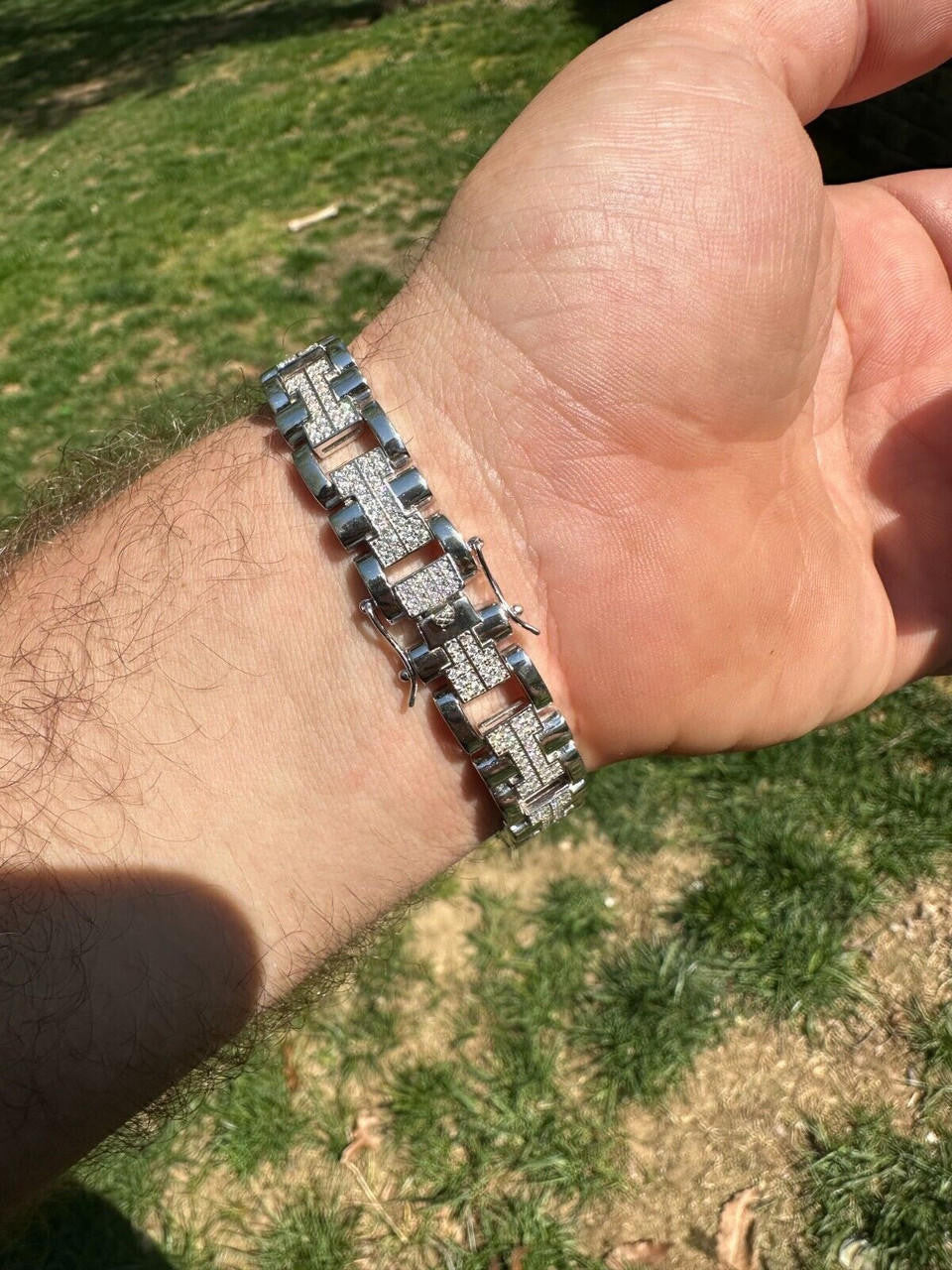 HarlemBling Mens 12mm Iced Hermes Link Bracelet Real 925 Sterling Silver Flooded Out HipHop