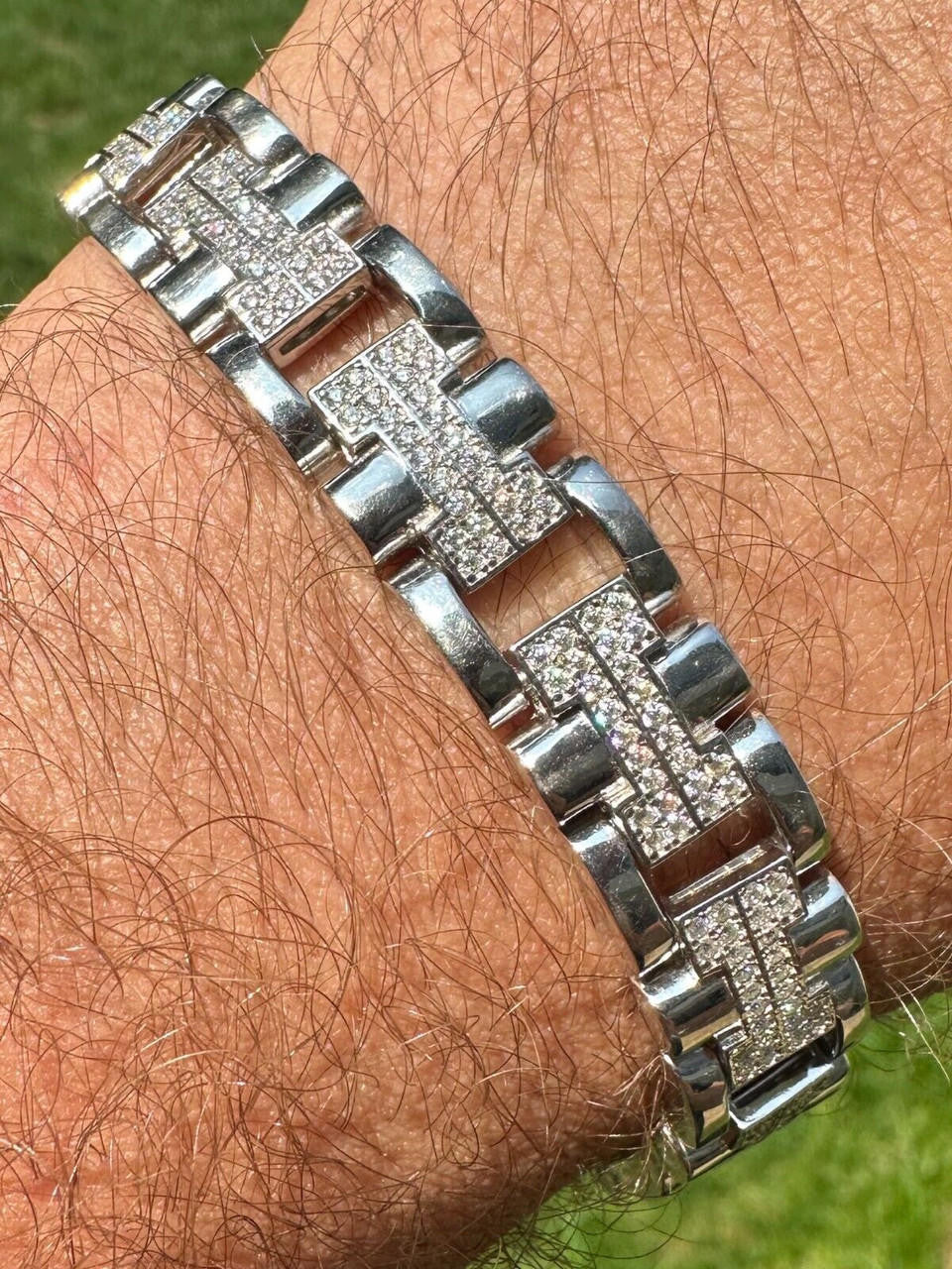 HarlemBling Mens 12mm Iced Hermes Link Bracelet Real 925 Sterling Silver Flooded Out HipHop