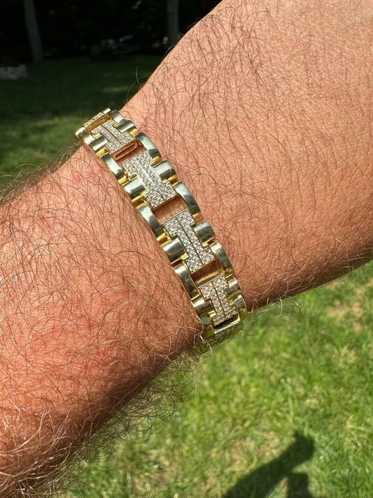 HarlemBling Mens 12mm Iced Hermes Link Bracelet Real Solid 14k Gold Over 925 Sterling Silver
