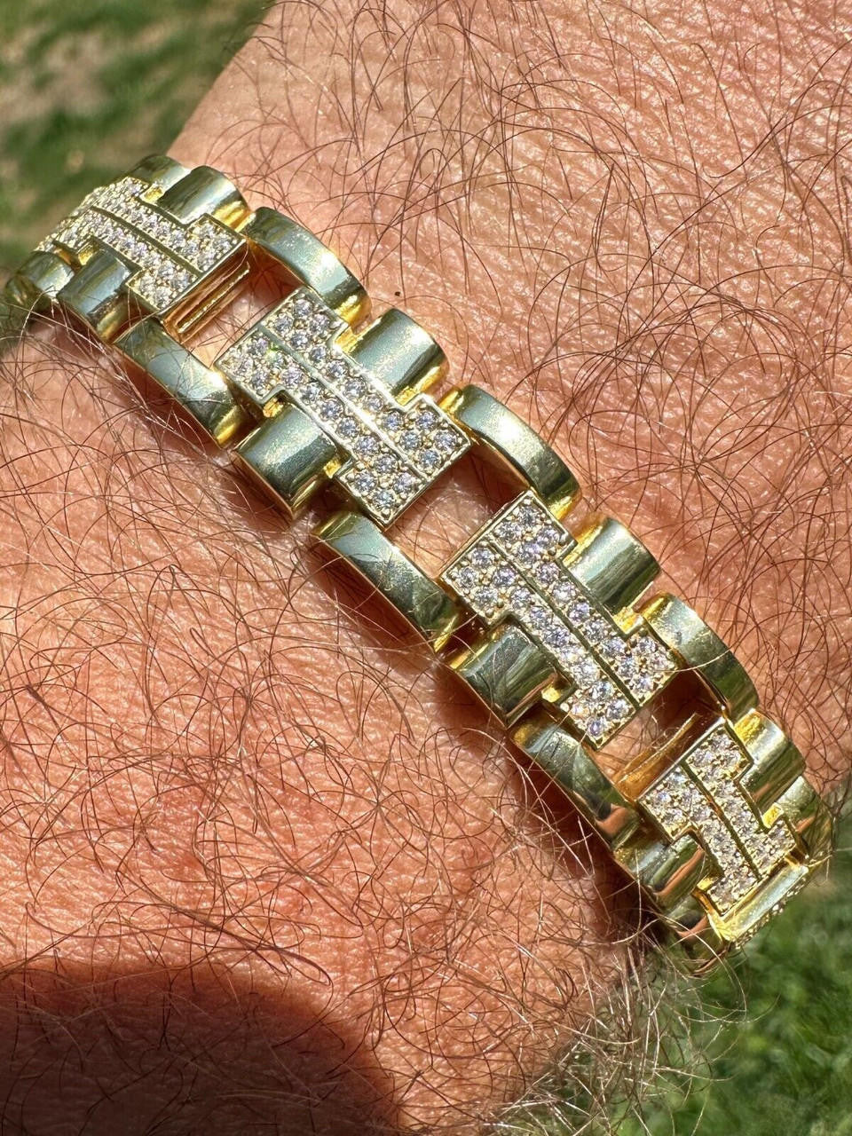 Mens 12mm Iced Hermes Link Bracelet Real Solid 14k Gold Over 925