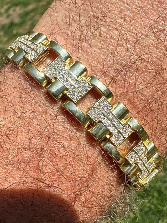 HarlemBling Mens 12mm Iced Hermes Link Bracelet Real Solid 14k Gold Over 925 Sterling Silver