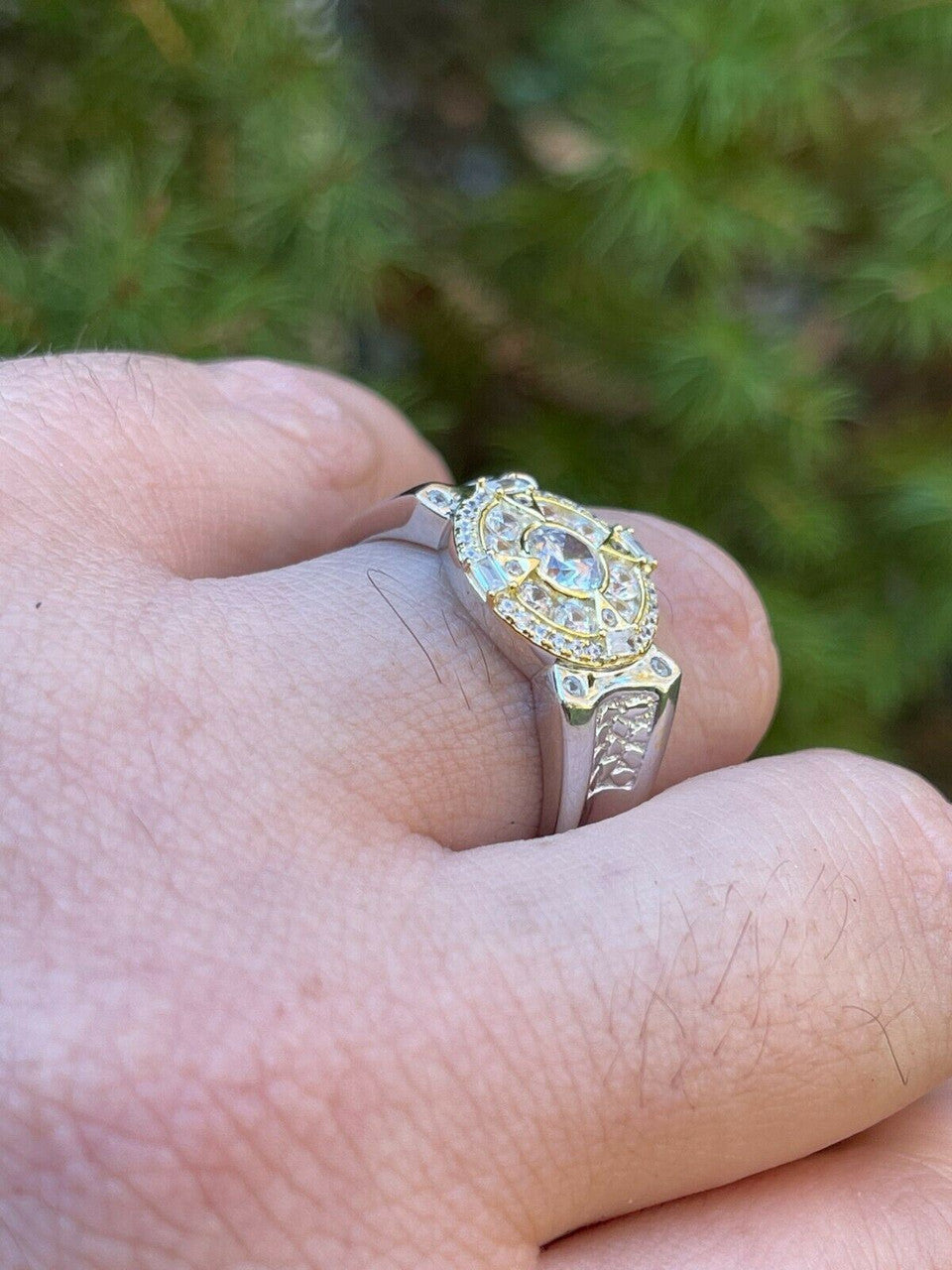 HarlemBling Mens 14k Gold and Real 925 Silver Iced Diamond Solitaire Pinky Compass Star Ring