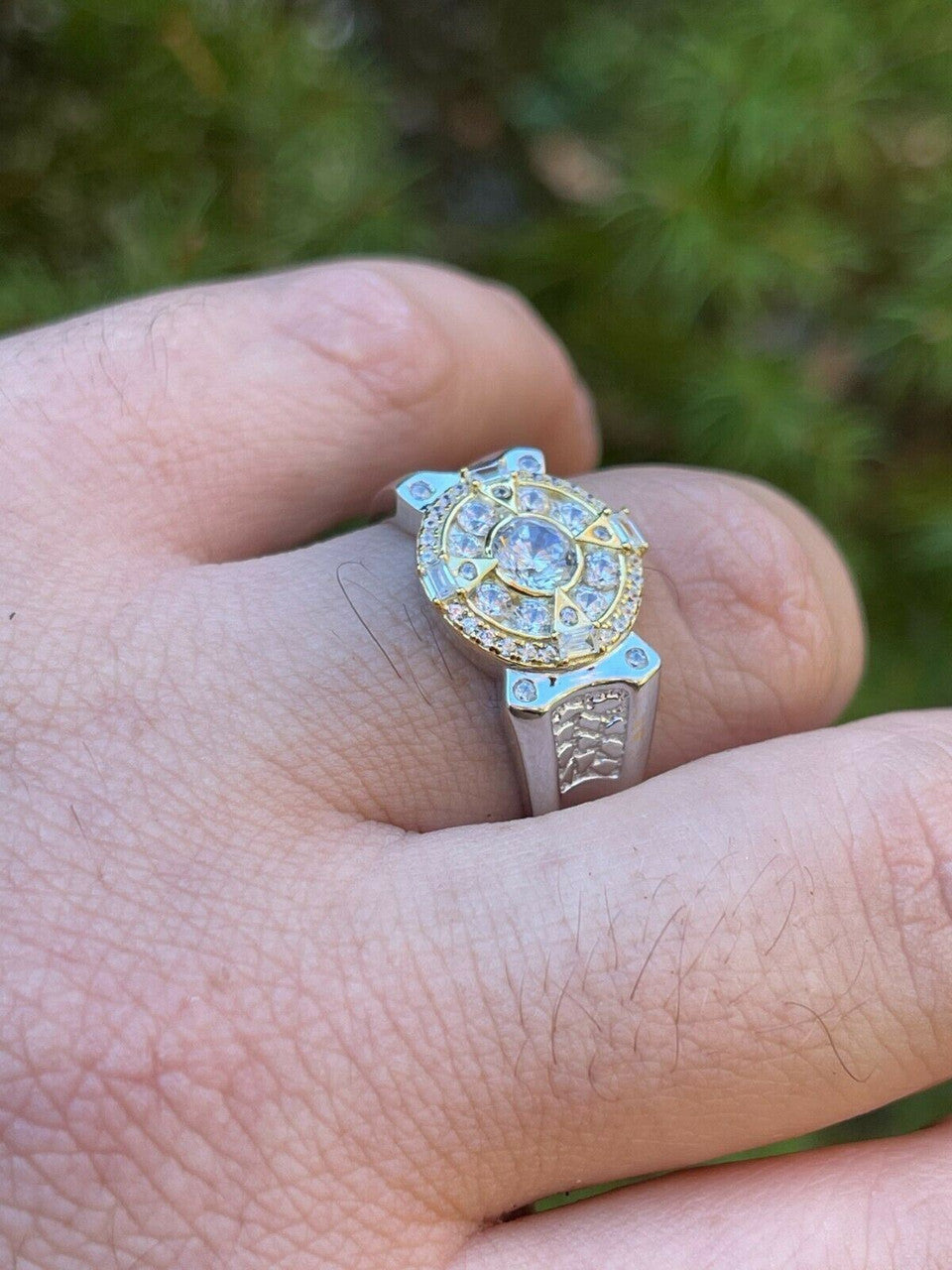 HarlemBling Mens 14k Gold and Real 925 Silver Iced Diamond Solitaire Pinky Compass Star Ring