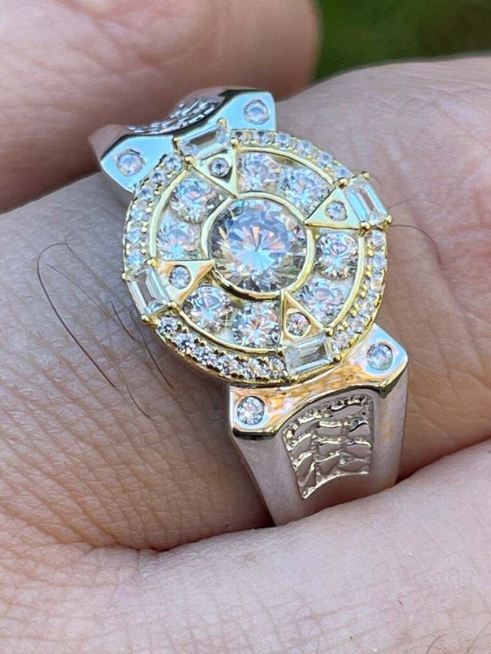 HarlemBling Mens 14k Gold and Real 925 Silver Iced Diamond Solitaire Pinky Compass Star Ring