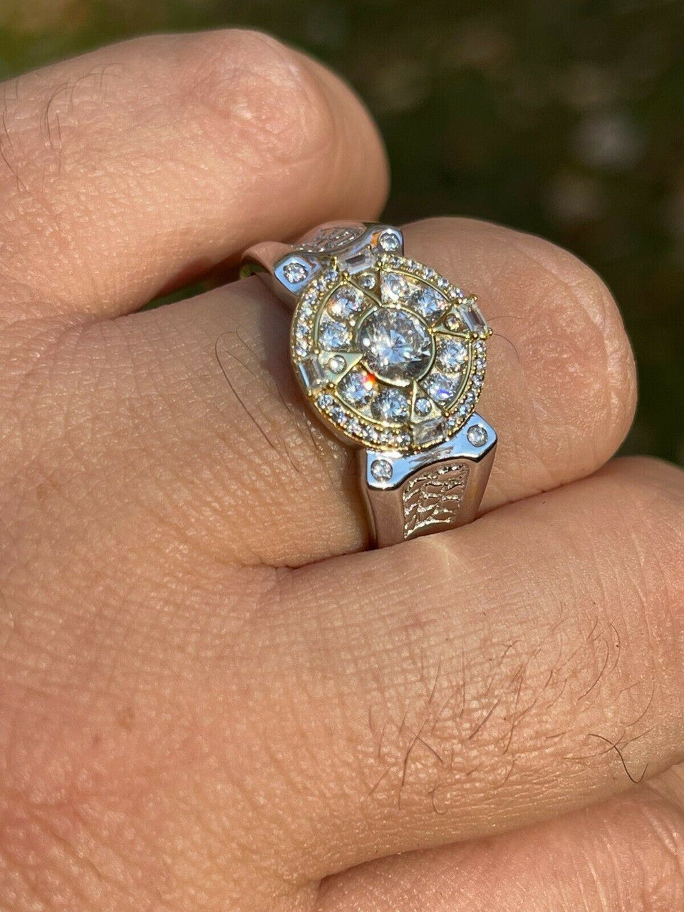 HarlemBling Mens 14k Gold and Real 925 Silver Iced Diamond Solitaire Pinky Compass Star Ring