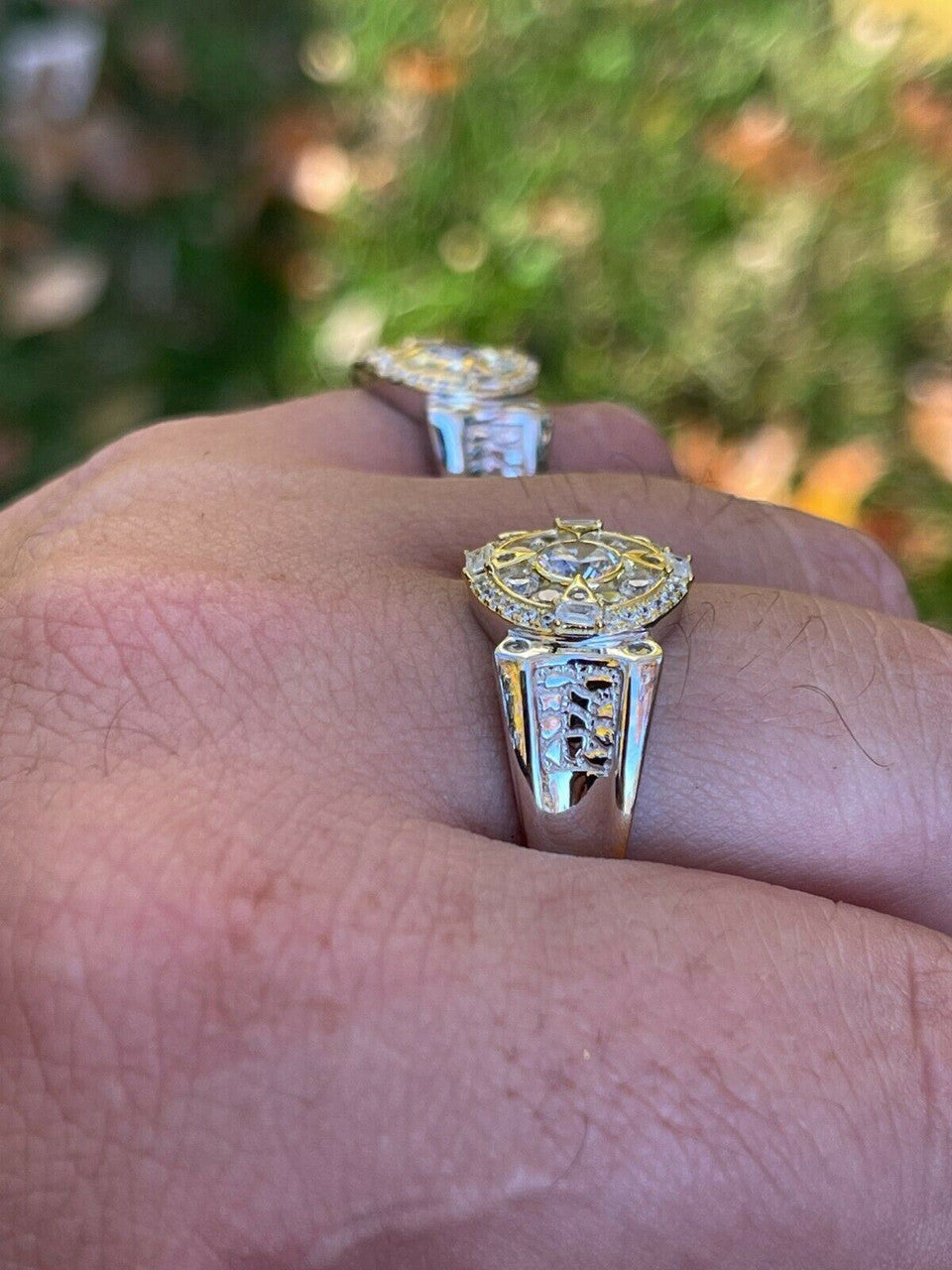 HarlemBling Mens 14k Gold and Real 925 Silver Iced Diamond Solitaire Pinky Compass Star Ring