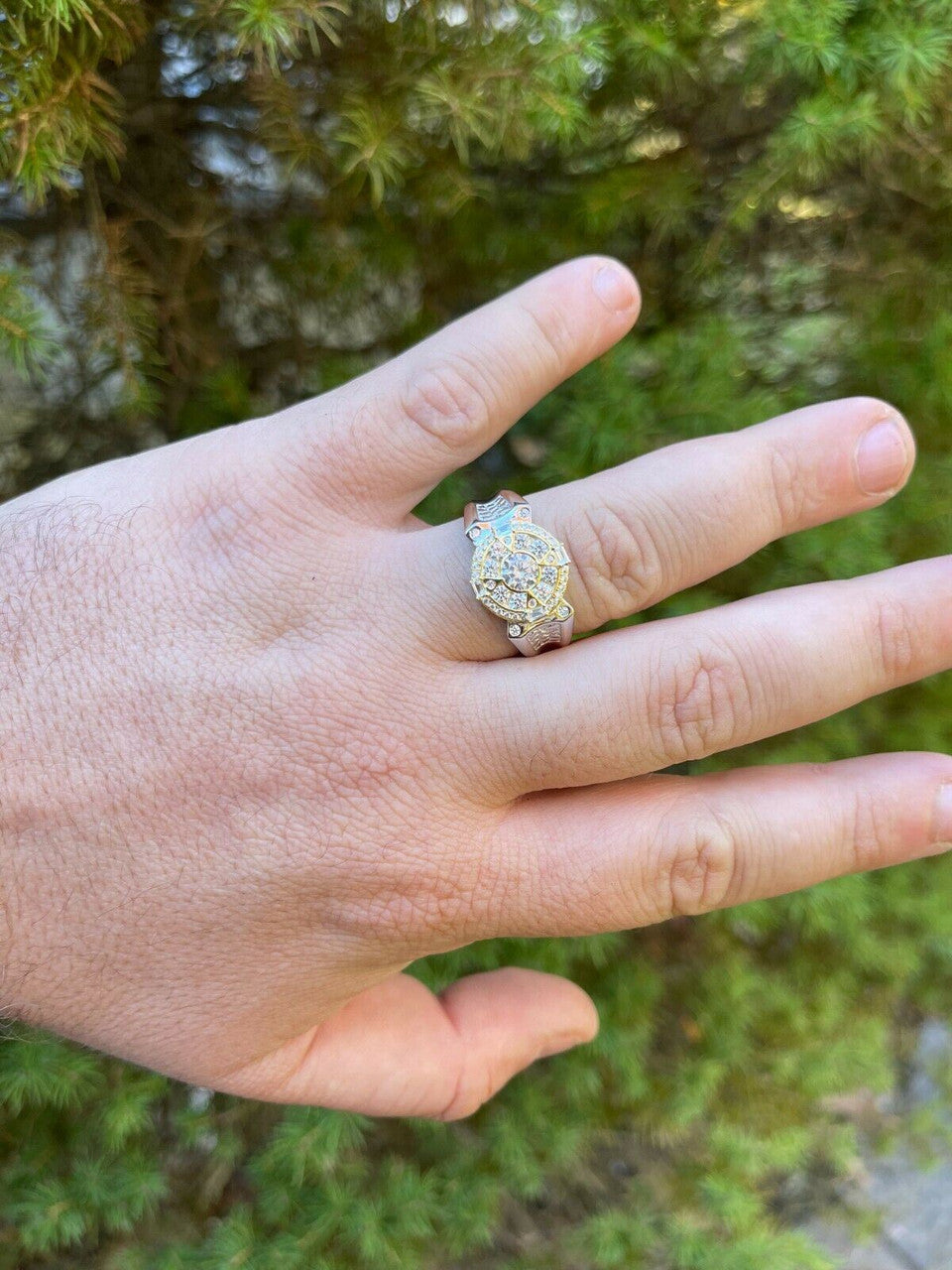 HarlemBling Mens 14k Gold and Real 925 Silver Iced Diamond Solitaire Pinky Compass Star Ring