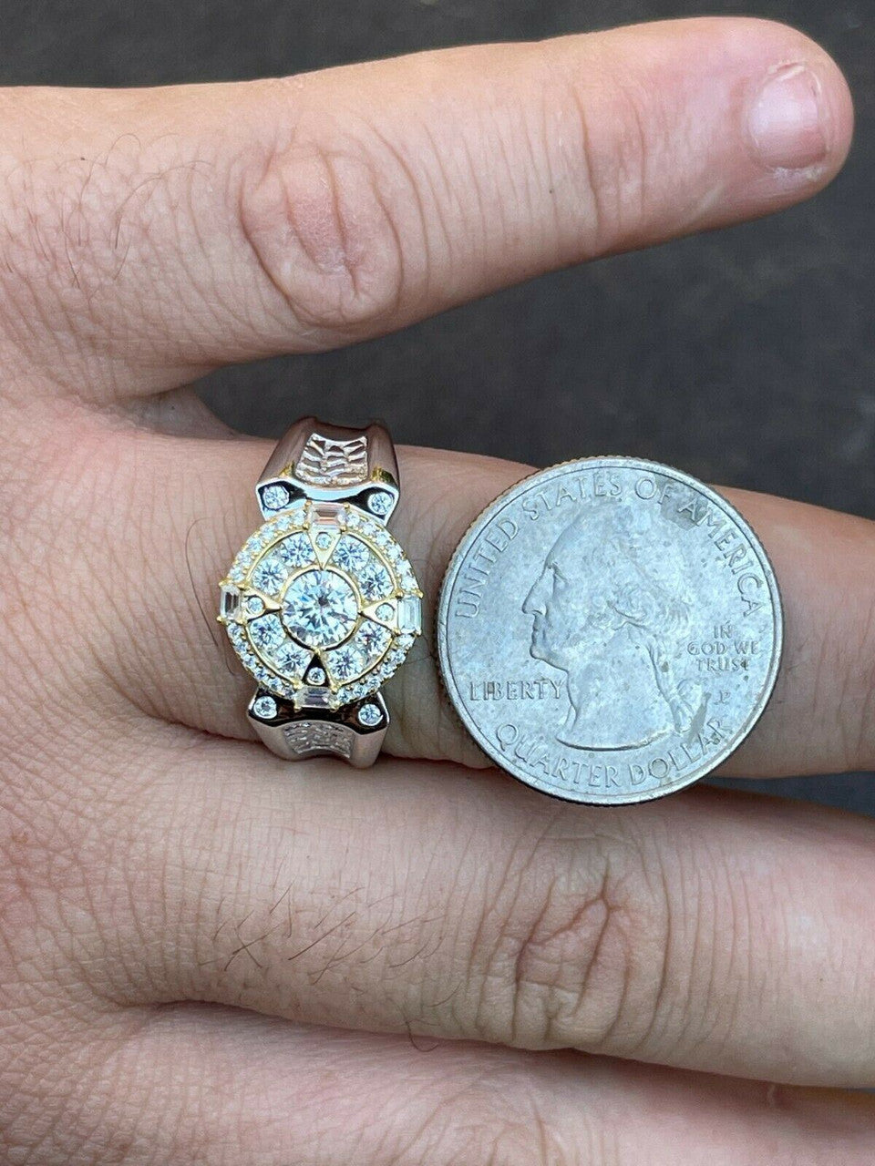 HarlemBling Mens 14k Gold and Real 925 Silver Iced Diamond Solitaire Pinky Compass Star Ring