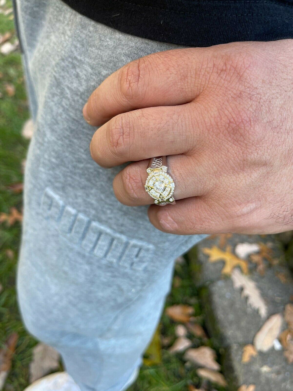 HarlemBling Mens 14k Gold and Real 925 Silver Iced Diamond Solitaire Pinky Compass Star Ring