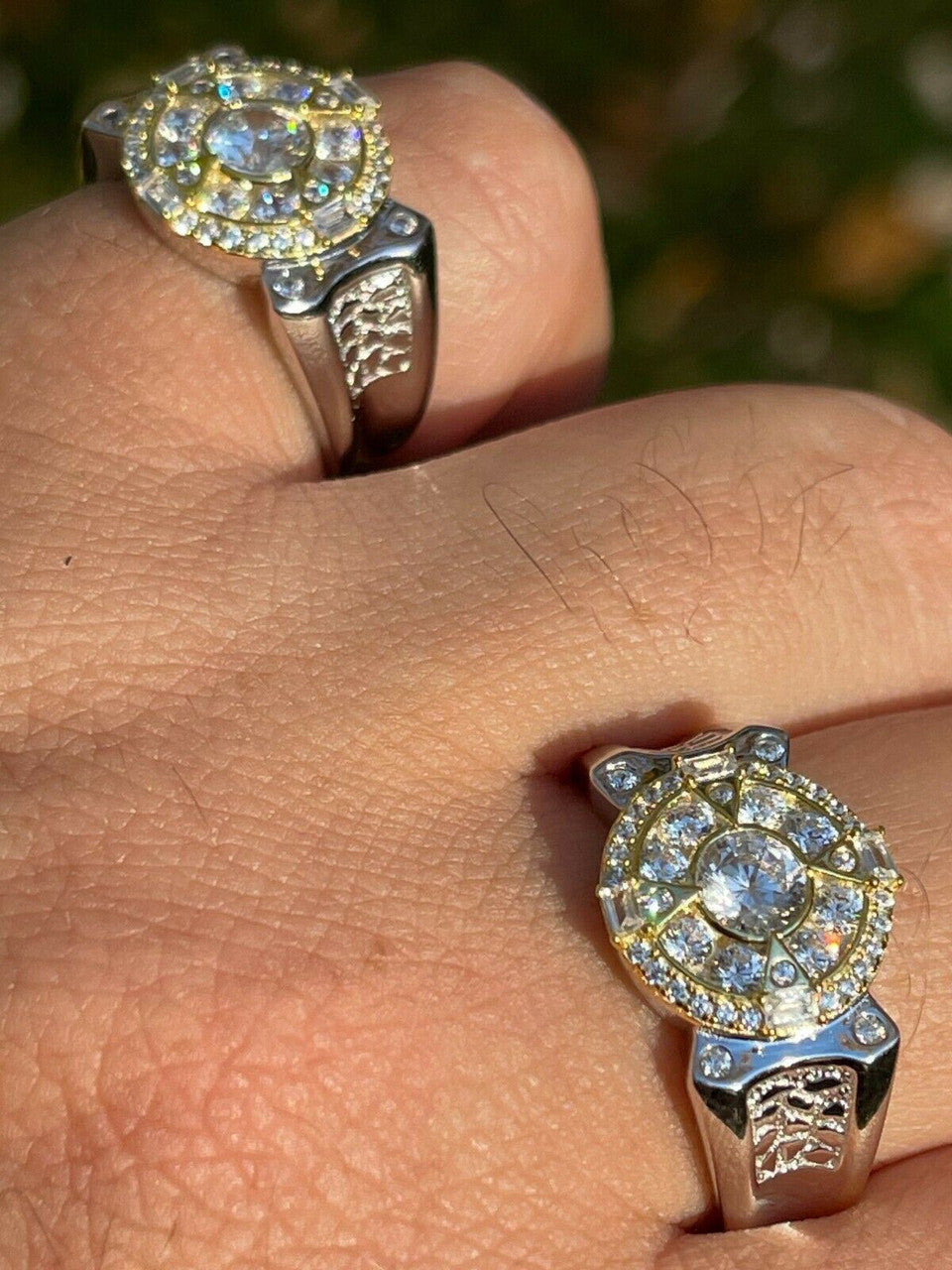 HarlemBling Mens 14k Gold and Real 925 Silver Iced Diamond Solitaire Pinky Compass Star Ring