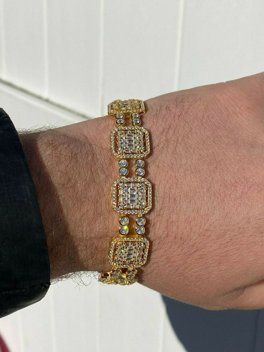 HarlemBling Mens 14k Gold and Real Solid 925 Silver Baguette Tennis Bracelet Iced Diamond 16mm