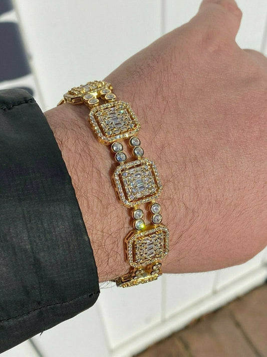 HarlemBling Mens 14k Gold and Real Solid 925 Silver Baguette Tennis Bracelet Iced Diamond 16mm