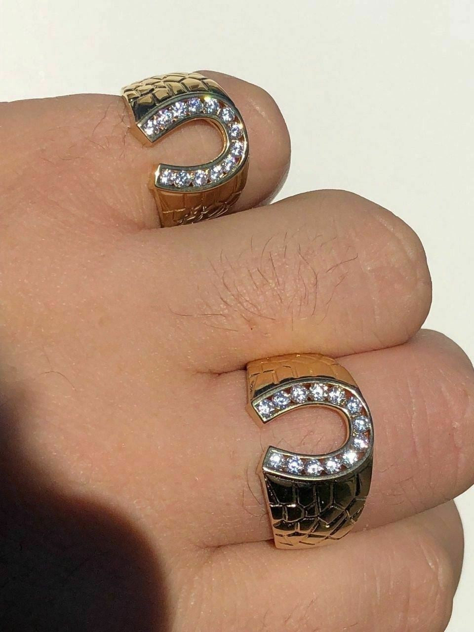 HarlemBling Mens 14k Gold and Real Solid 925 Silver Lucky Horseshoe Ring Size 7 8 9 10 11 12