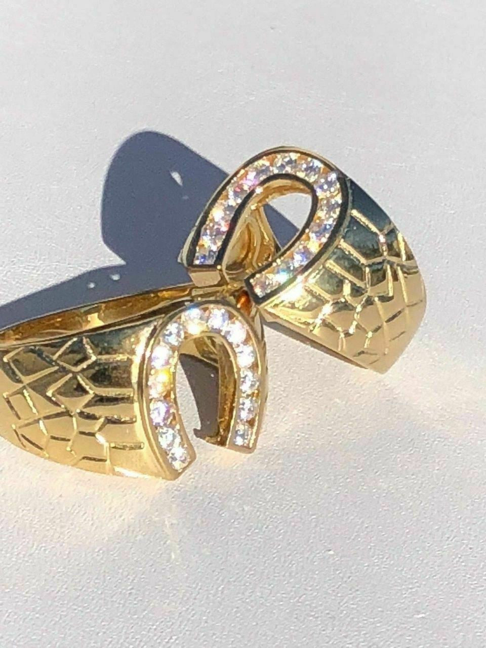 HarlemBling Mens 14k Gold and Real Solid 925 Silver Lucky Horseshoe Ring Size 7 8 9 10 11 12