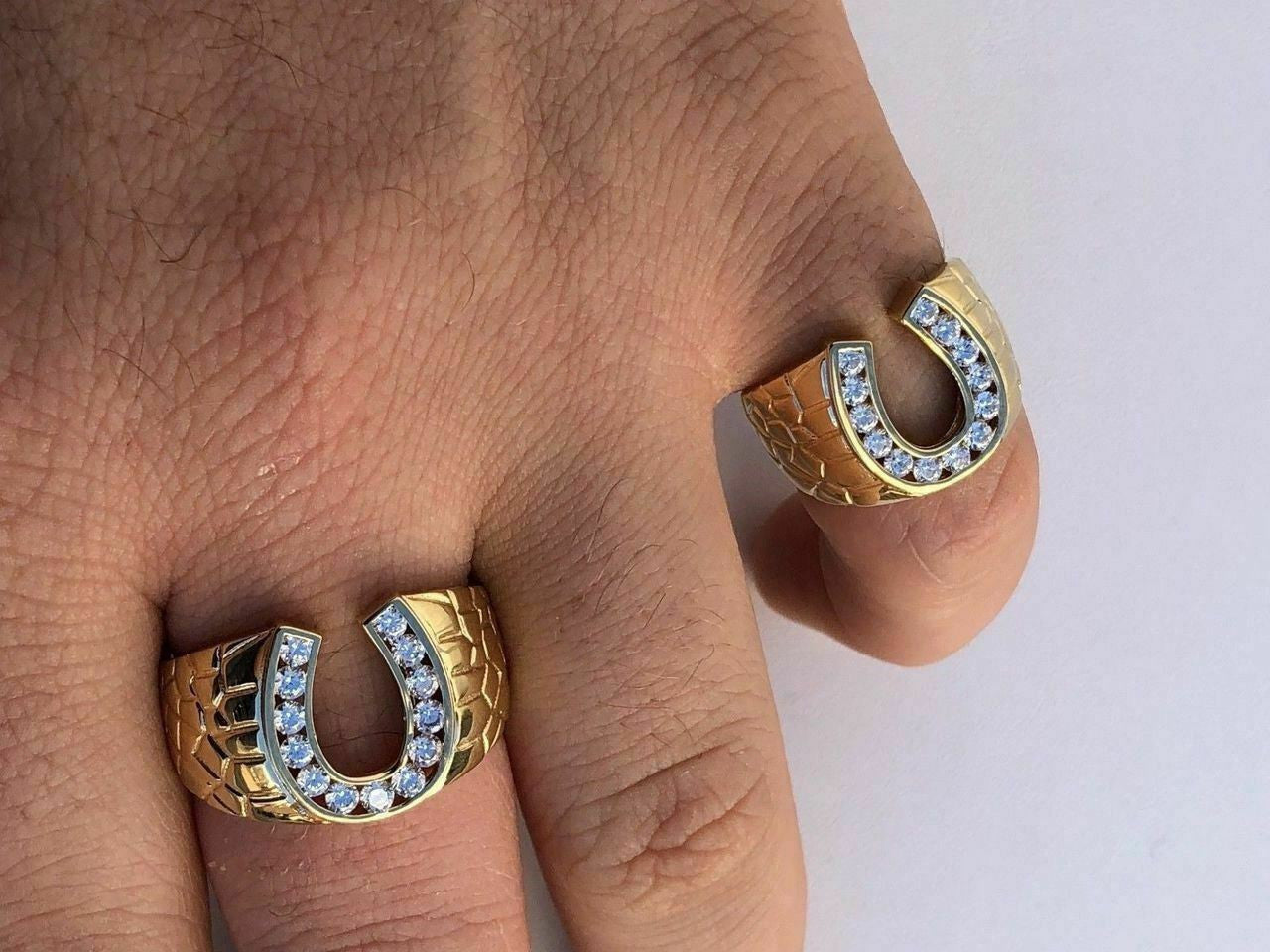 HarlemBling Mens 14k Gold and Real Solid 925 Silver Lucky Horseshoe Ring Size 7 8 9 10 11 12