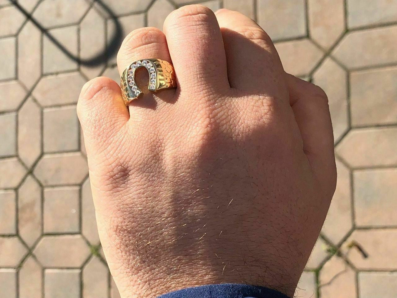 HarlemBling Mens 14k Gold and Real Solid 925 Silver Lucky Horseshoe Ring Size 7 8 9 10 11 12