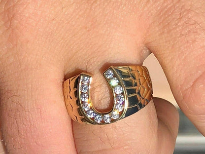 HarlemBling Mens 14k Gold and Real Solid 925 Silver Lucky Horseshoe Ring Size 7 8 9 10 11 12