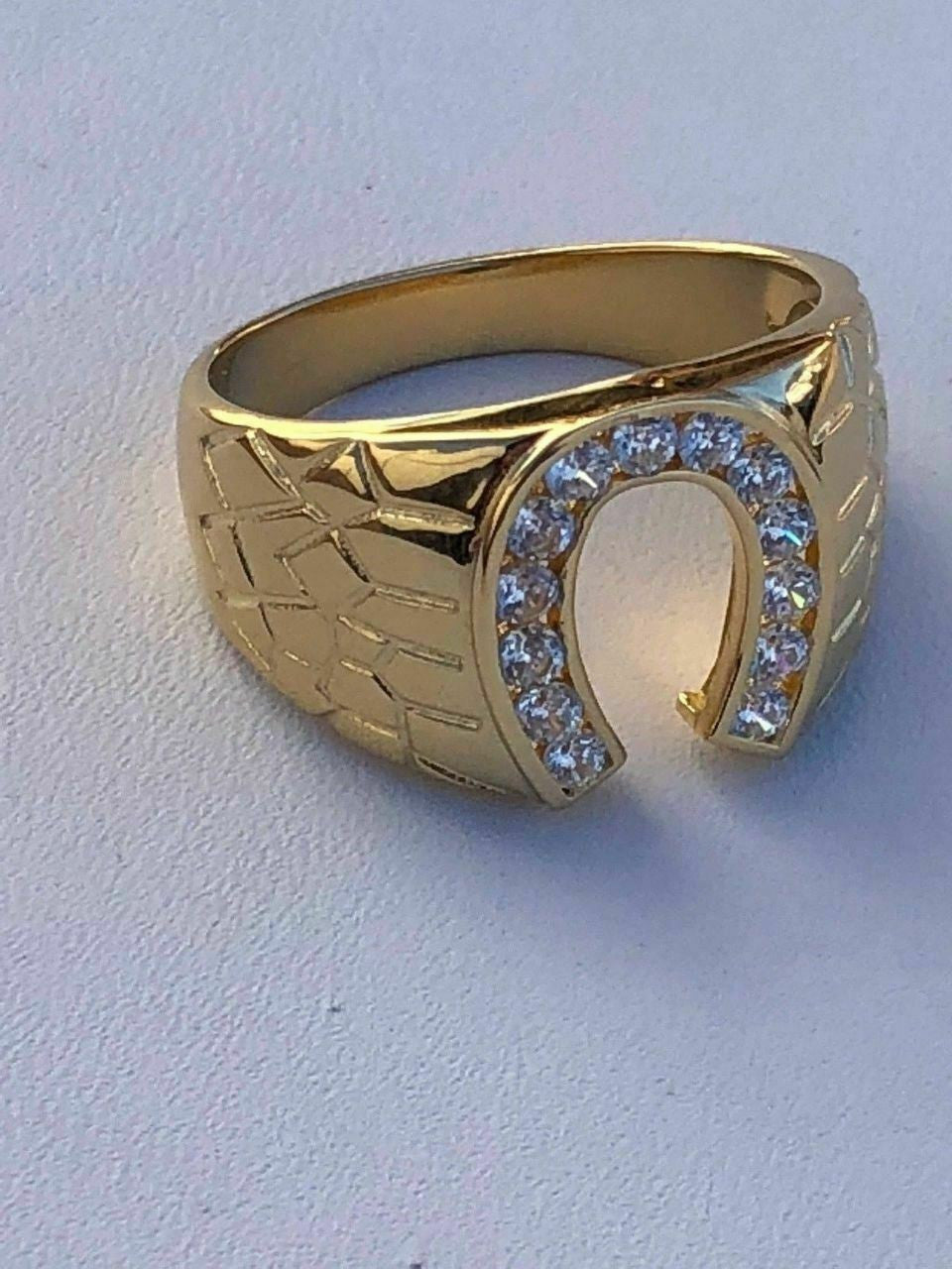 HarlemBling Mens 14k Gold and Real Solid 925 Silver Lucky Horseshoe Ring Size 7 8 9 10 11 12