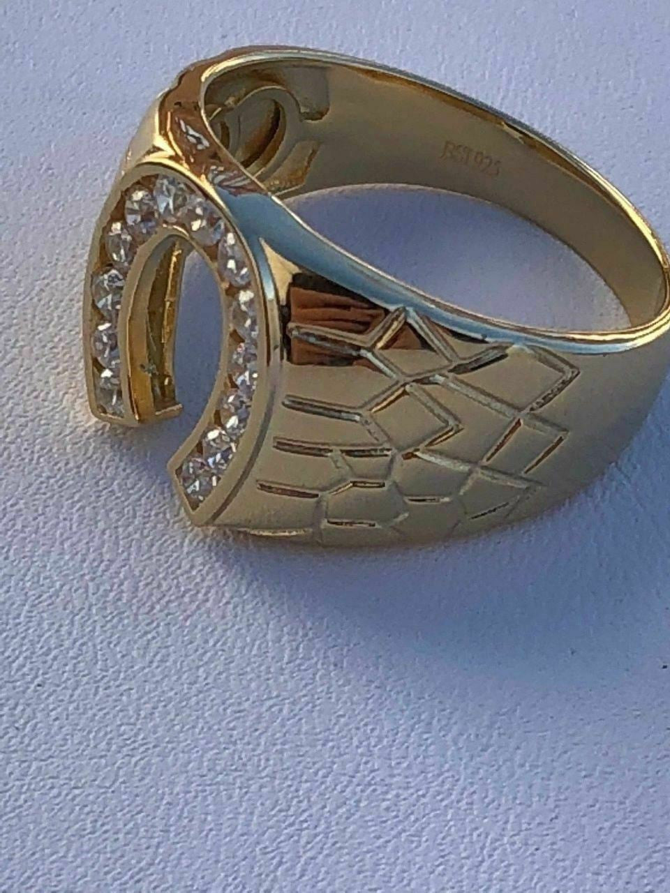 HarlemBling Mens 14k Gold and Real Solid 925 Silver Lucky Horseshoe Ring Size 7 8 9 10 11 12