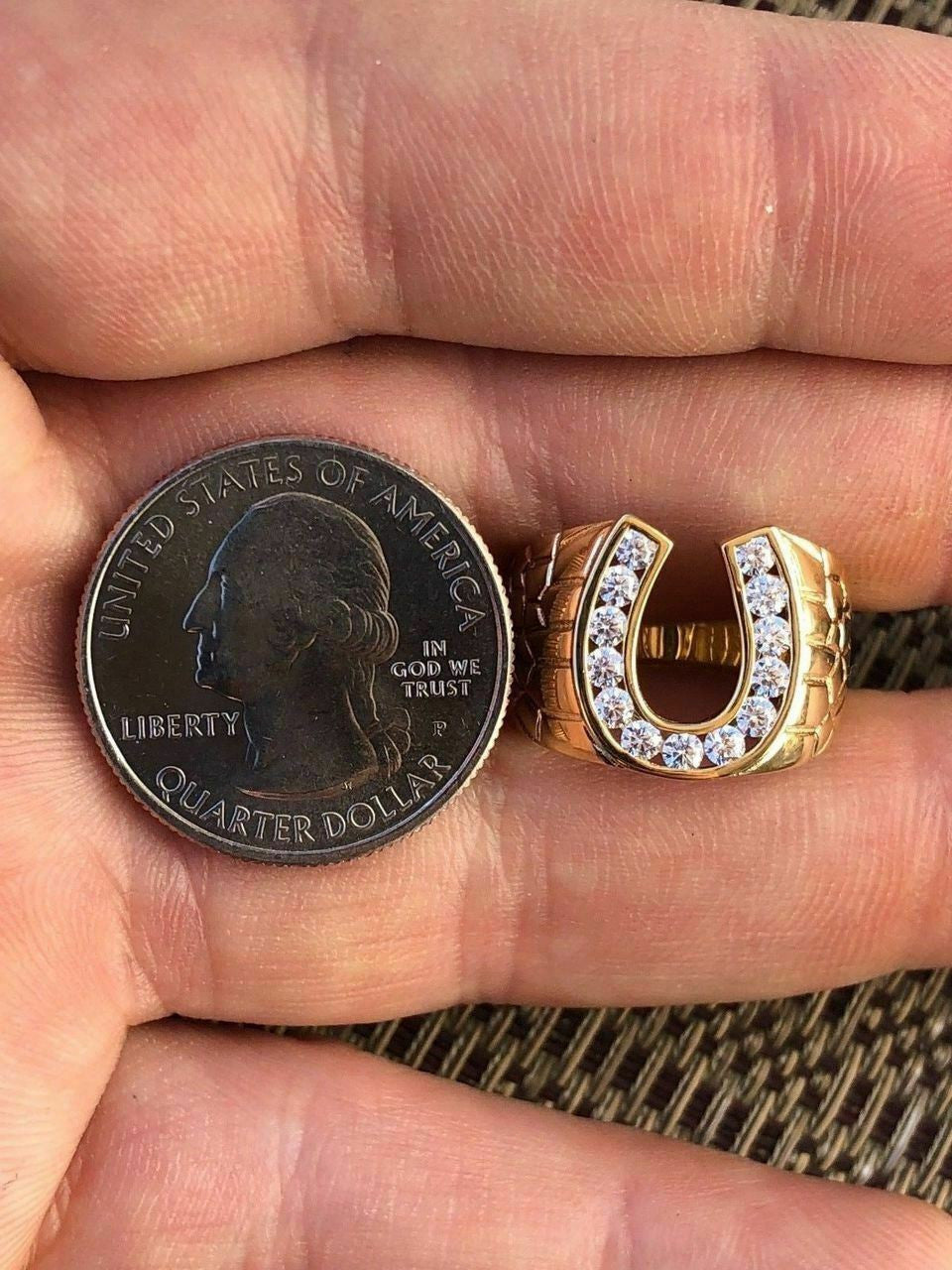 HarlemBling Mens 14k Gold and Real Solid 925 Silver Lucky Horseshoe Ring Size 7 8 9 10 11 12