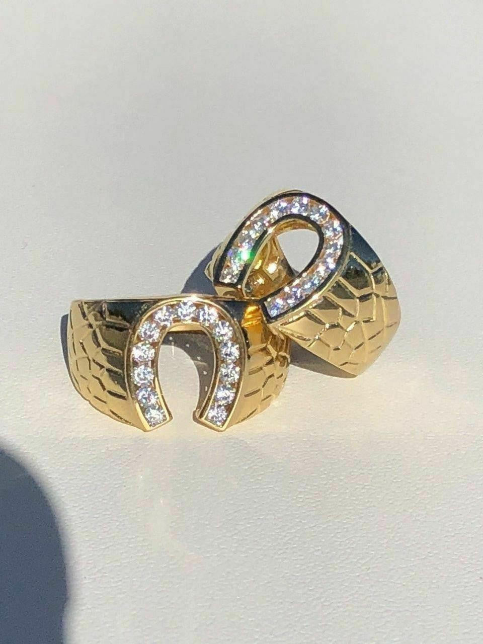 HarlemBling Mens 14k Gold and Real Solid 925 Silver Lucky Horseshoe Ring Size 7 8 9 10 11 12