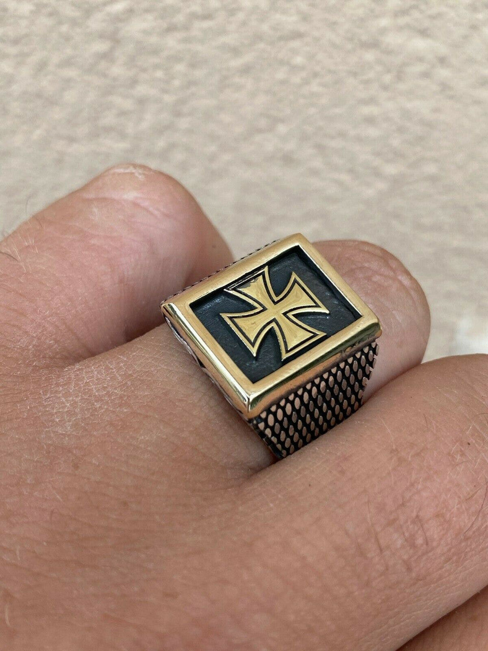 HarlemBling Mens 14k Gold and Real Solid 925 Sterling Silver German Maltese Iron Cross Ring