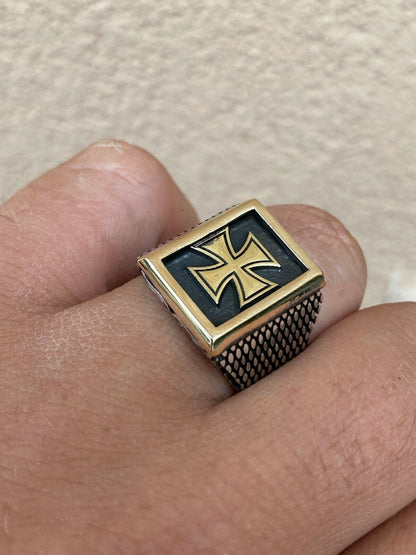 HarlemBling Mens 14k Gold and Real Solid 925 Sterling Silver German Maltese Iron Cross Ring