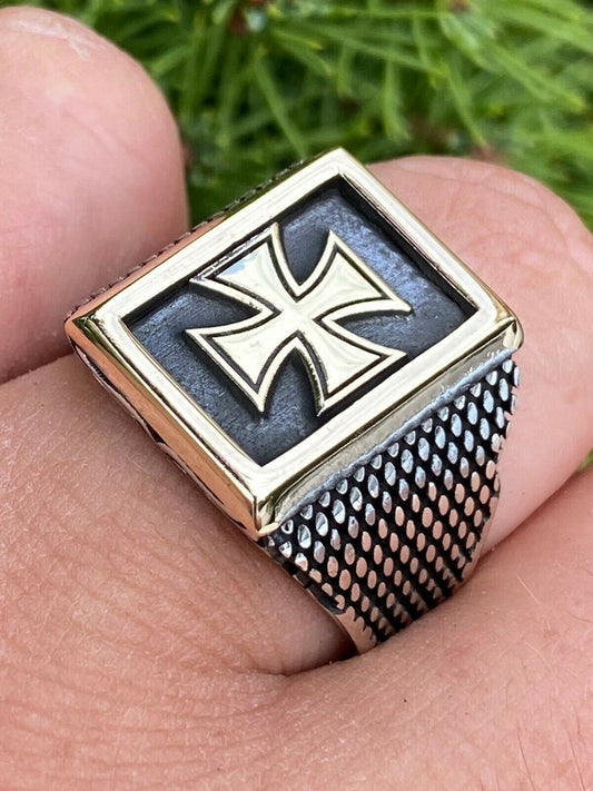 HarlemBling Mens 14k Gold and Real Solid 925 Sterling Silver German Maltese Iron Cross Ring