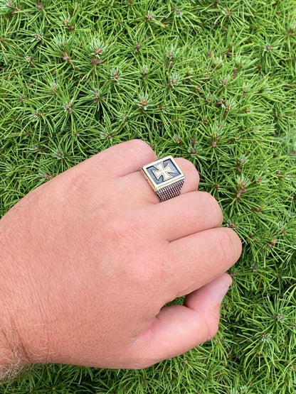 HarlemBling Mens 14k Gold and Real Solid 925 Sterling Silver German Maltese Iron Cross Ring
