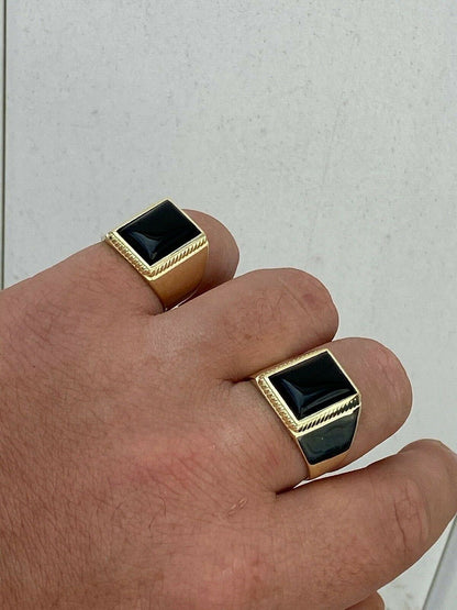 HarlemBling Mens 14k Gold Over Real Solid 925 Silver Black Onyx Ring Size 7 8 9 10 11 12 13