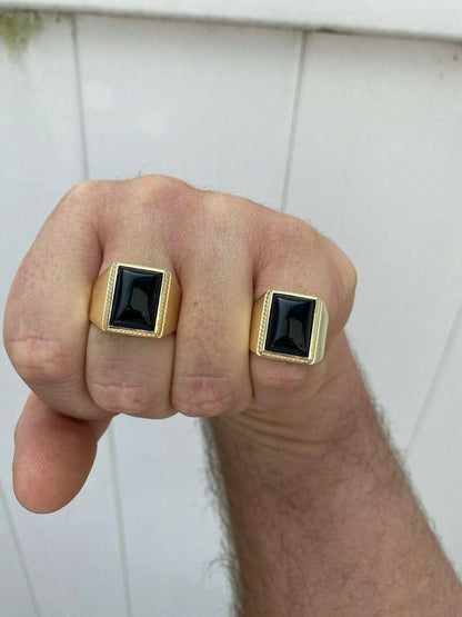 HarlemBling Mens 14k Gold Over Real Solid 925 Silver Black Onyx Ring Size 7 8 9 10 11 12 13